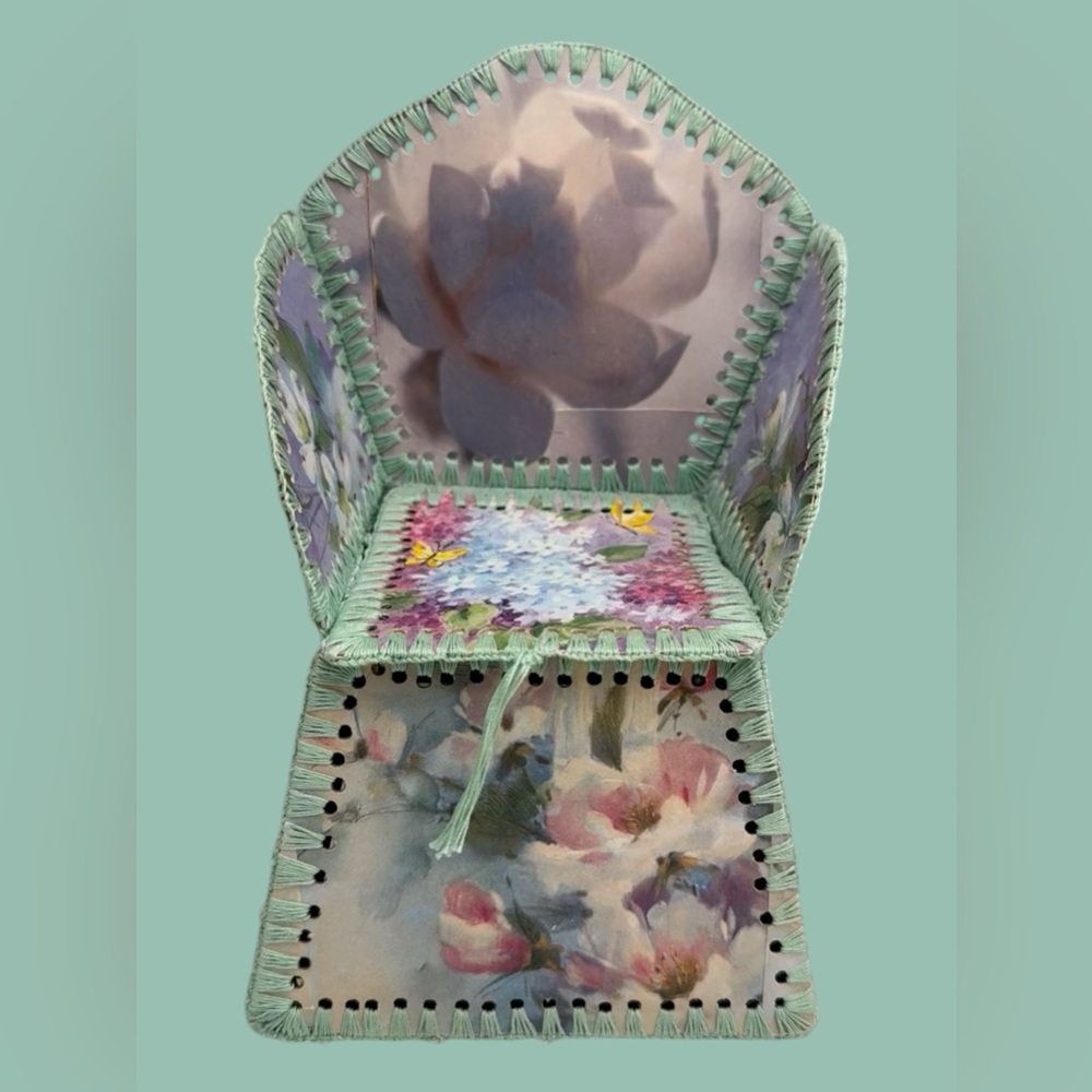Vintage Handmaid Crocheted Greeting Card Sewing Basket Trinket Box Floral Chair
